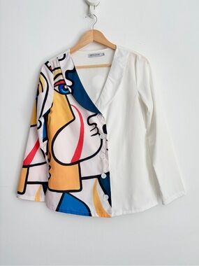Vintage Misslook Abstract Face Print Blazer - Gallery Girl Artsy S